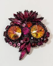 Vintage Juliana Japanned Pink Red Orange Rhinestone Rivoli Owl Brooch
