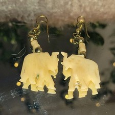 Handcrafted Elephant Bone Brass Dangle Earrings Beige Animal Nature Theme