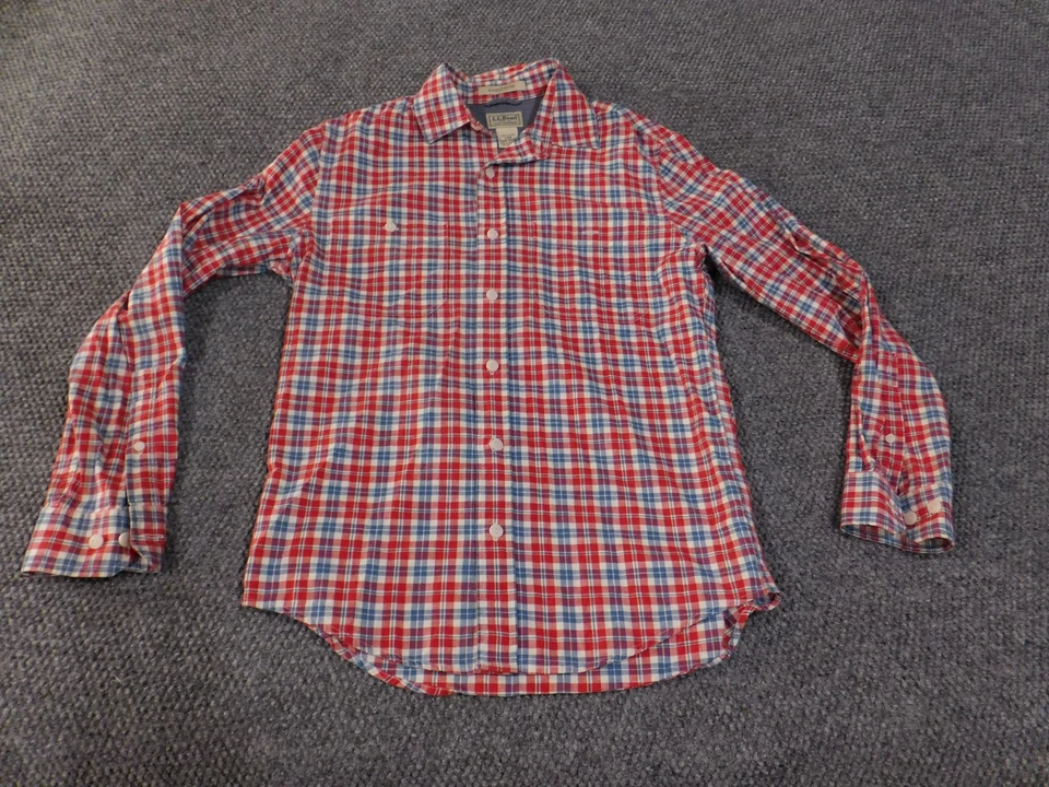 LL Bean Shirt Mens Small Red Blue Plaid Slightly Fitted Button Up Cotton Casual - Image 2 of 4