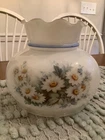 Vintage White Milk Glass Hand Painted Blue Band Hurricane Lamp Shade 7" Tall. T5