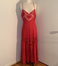 VTG 80  s Red Satin Nylon  Lace Nightgown Maxi Full Sweep Flare Thin Strap MED