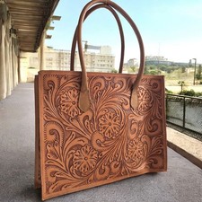 Tan Tooled Floral Western Leather Artesanal Laptop Tote Purse