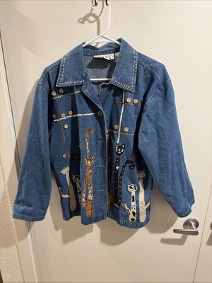 Vintage Keren Hart Denim Cat Kitten Button Jacket Sz M READ