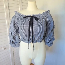 San Joy Black Gingham Ruffle Crop Top Size M Off Shoulder Cottagecore Romantic