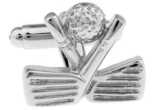 Golf Clubs Head & Ball Pair Cufflinks Silver Wedding Gift Box & Polishing Cloth