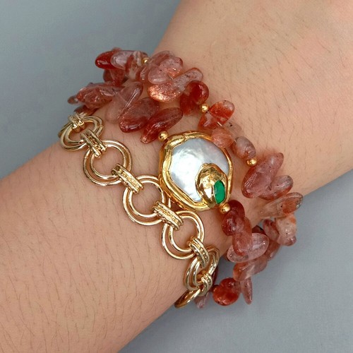 8" 3 Rows Natural Sparkling Sunstone White Coin Pearl Gold Plated Chain Bracelet - Picture 6 of 6