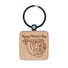 Happy Mother's Day Sloth and Baby Engraved Wood Square Keychain Tag Charm