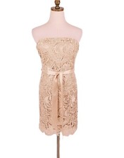 Adrianna Papell Evening Strapless Dress Size P2 Beige Floral Lace Ribbon Belt