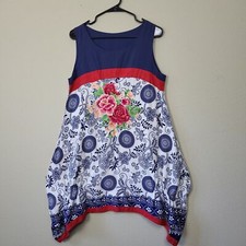 Womens Blue White Floral Round Neck Sleeveless Pullover Tunic Dress Size Medium