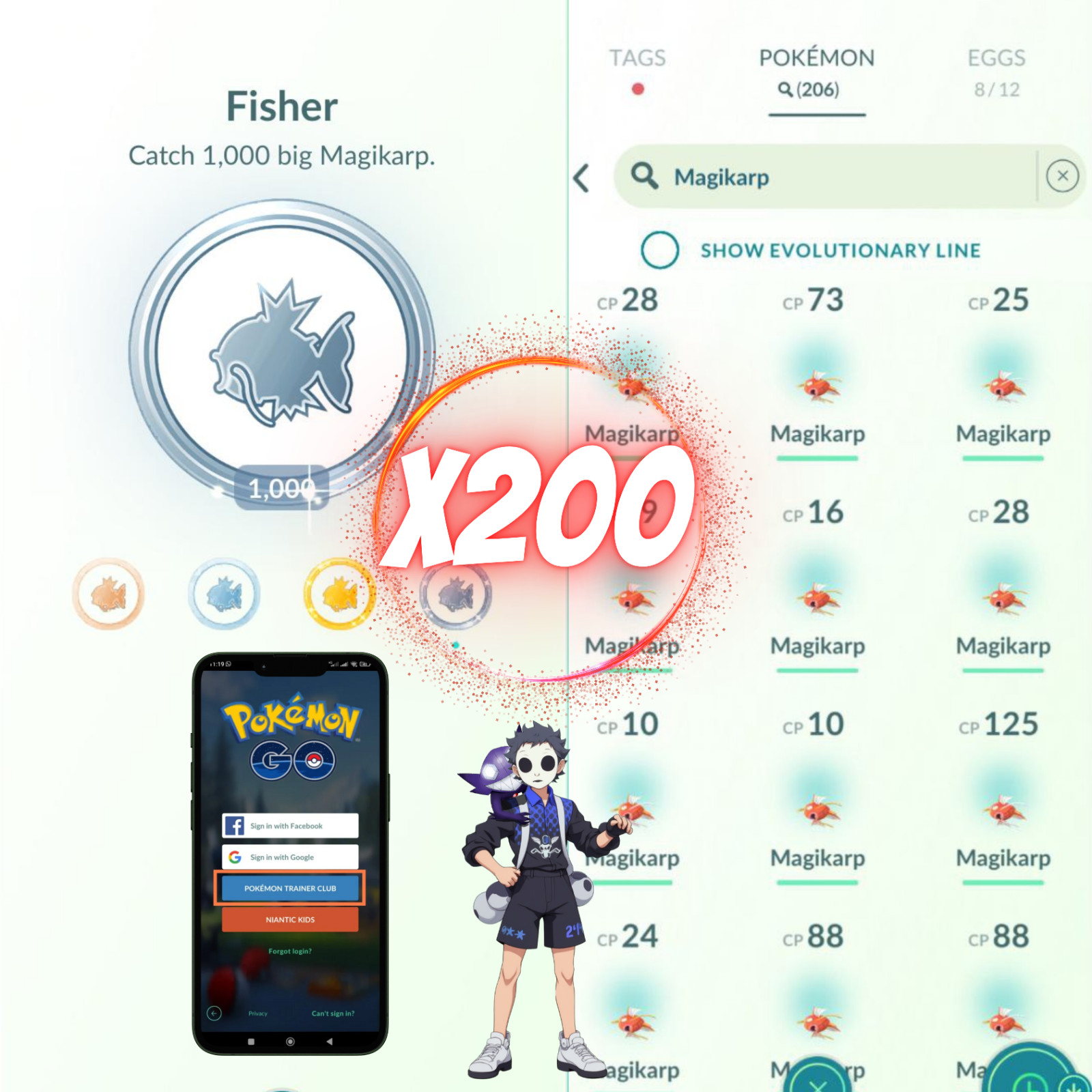 Big Magikarp (×200) For Medal Pokémon Go - Mini P -T-C -Iv Pvp and Lucky chance