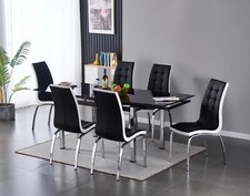 Dining Table Set Extending Black Glass Metal Legs and 6 Faux Leather Chairs
