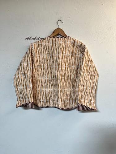 Indian Handmade Chevron Printed Cotton Quilted Jacket Vintage Reversible Jacket - Picture 4 of 7