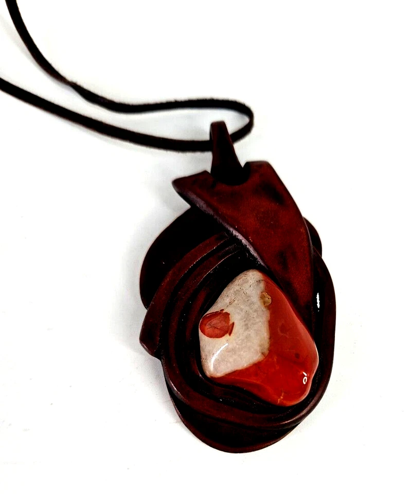 Collar colgante de piedras preciosas de jaspe de madera natural Ehnic correa de cuero 19 pulgadas L Foto 2 de 4