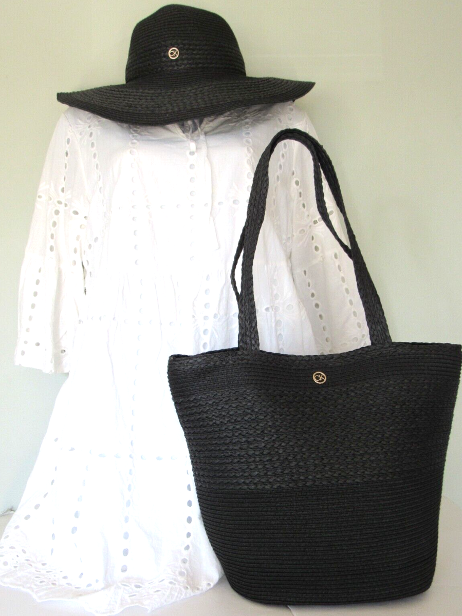 CALVIN KLEIN 2-Piece Set: Black Woven Sunhat & Beach Tote 13  display picture 1