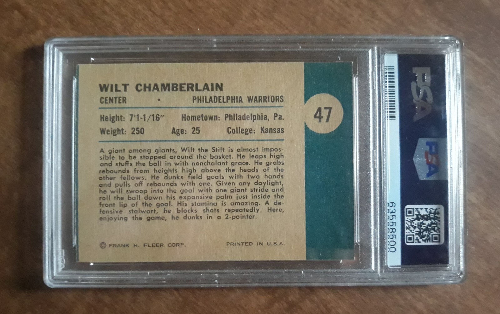 1961 Fleer #47 Wilt Chamberlain In Action Card Graded PSA 4 VG-EX view 2