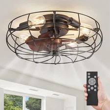 20" Caged Ceiling Fans with Lights and Remote, Flush Mount Bladeless Low Profile