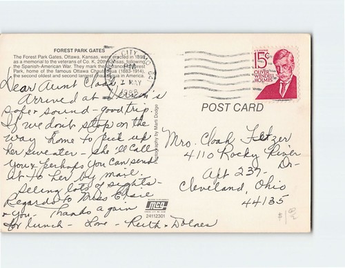 Postcard Forest Park Gates Ottawa Kansas USA - 第 2/2 張圖片