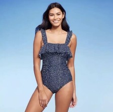 Kona Sol Women's Ruffle Full Coverage One Piece Swimsuit Blue Polka Dot Sz L NWT