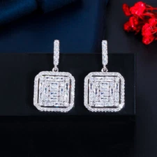 Dazzling Square Cut Cubic Zirconia Women Dangle Drop Earrings 925 Silver Jewelry