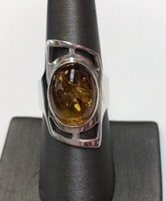 Vintage Modernist Sterling Silver Amber Long Design Ring Sz8 7.9gr