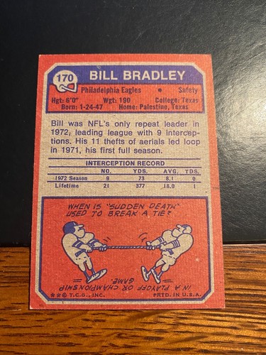 1973 TOPPS FOOTBALL #170 BILL BRADLEY! $1 SHIPPING! "A" - Picture 2 of 2