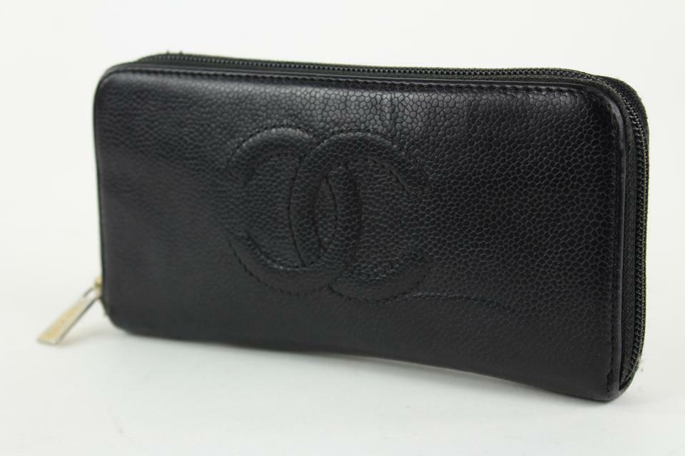 Black 'CC' Caviar Zip Around Wallet