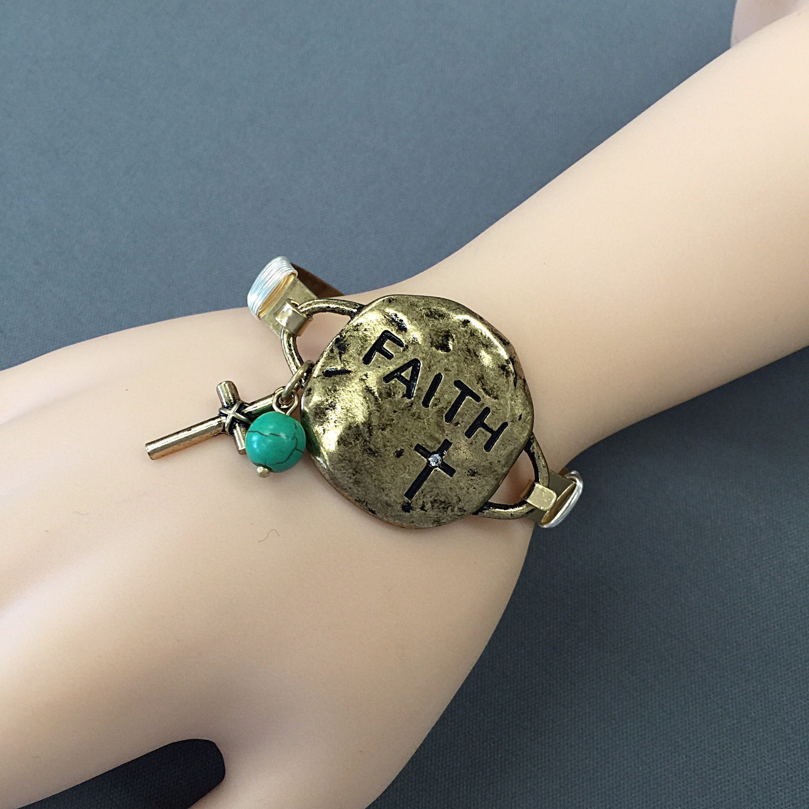 Unique Gold Faith Bangle Bracelet with Cross Charm Silver Wired Design