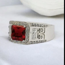Garnet Emerald Cut Gemstone With 925 Sterling Silver Ring For Men's #962