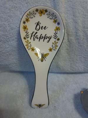 Bee Happy Bumble Bee Flowers Ceramic Spoon Rest New 4.25'' X 10.5''