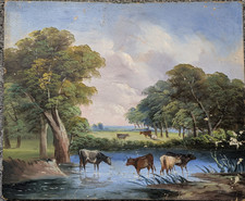 Early 20th C Original oil painting on board of cattle watering scene unsigned