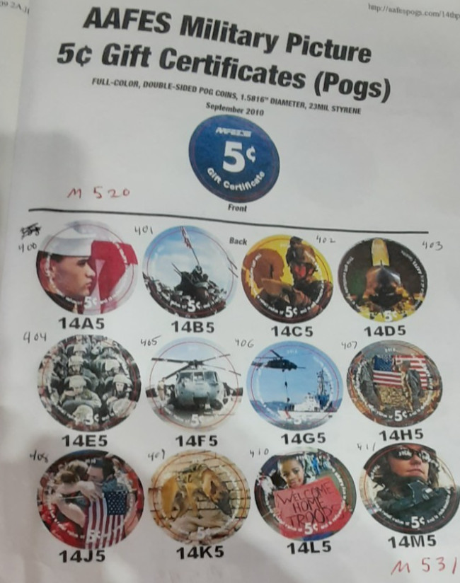 14th  Print  5 Cent  Set of AAFES  Pogs  from 2010  Uncir./New from a Tray