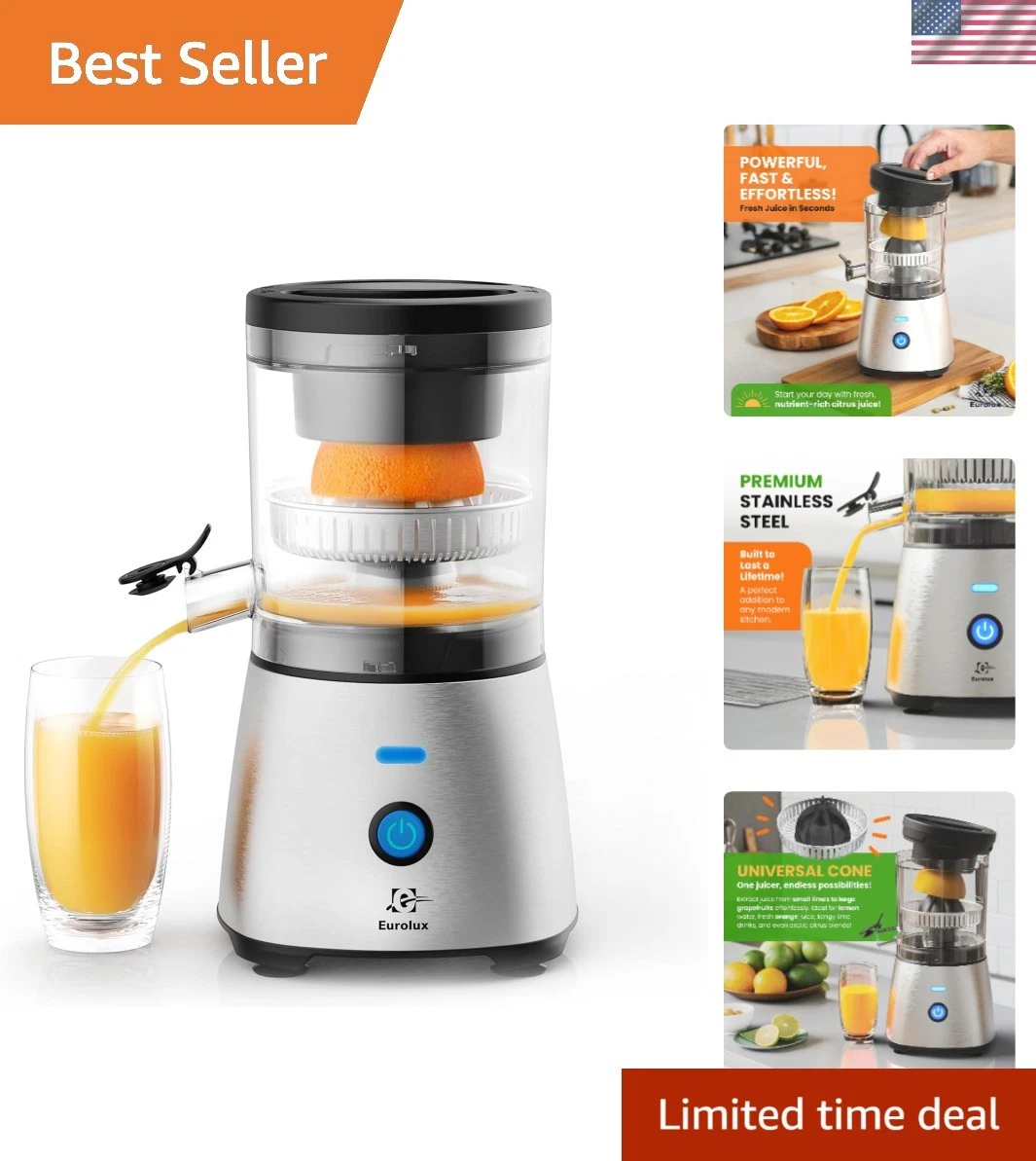 Electric Citrus Juicer Stainless Steel | Hands-Free One-Touch Orange Juice S...