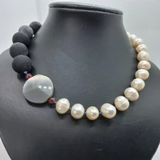 Lava Beads Freshwater Pearls & Orca Agate Cabochon Two Small Garnet Necklace