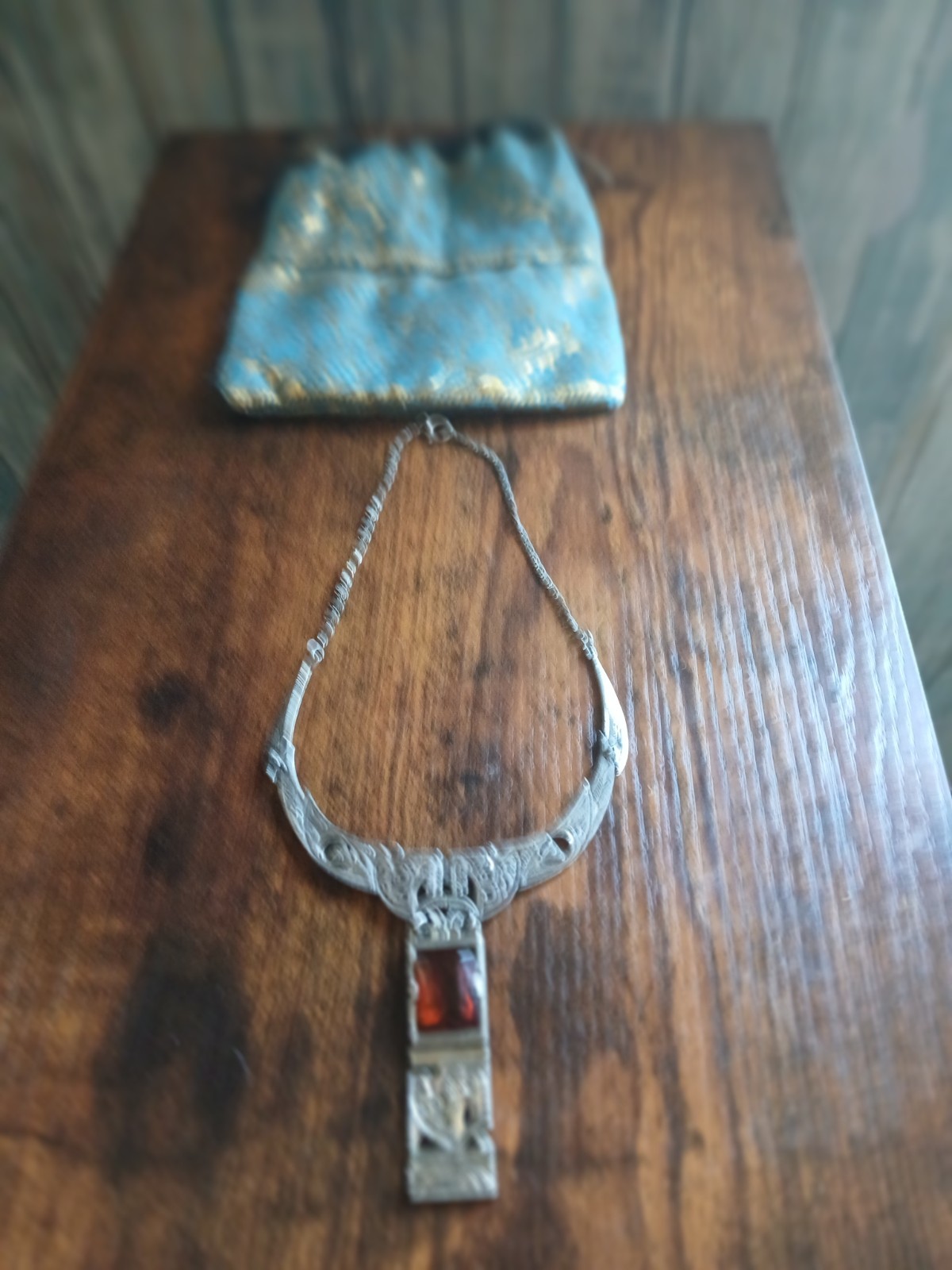 Ethnic Silver Pendant Necklace Rectangular Red St… - image 1