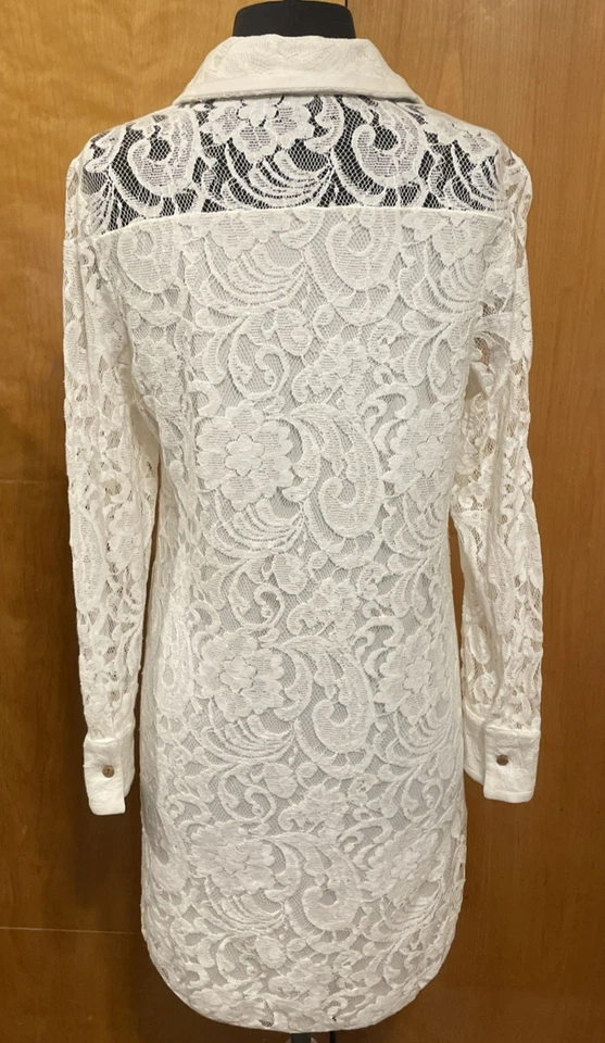 Vestido Oleg Cassini Blanco Encaje Talla 12 Botones Delantero Mangas Largas Foto 3 de 4