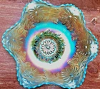 Wonderful Westmoreland Carnival Glass Blue Opal Daisy Wreath Ruffled Bowl*NICE*