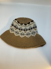 Women s Knit Fair Isle Bucket Hat Acrylic Brim, Brown Beige Cream, One Size