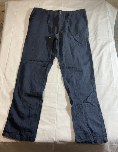 BOSS Hugo Boss Men’s Blue Linen Drawstring Casual Pants 38R Straight Pockets
