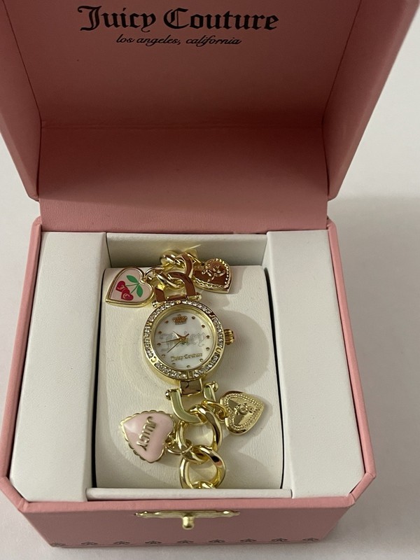 Juicy Couture Gold Tone Cherry Heart Charm Bracelet W/Rhinestones Watch