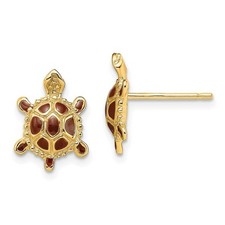 14k Yellow Gold Sea Turtle W/Spiny Brown Enamel Shell Button Stud Earrings