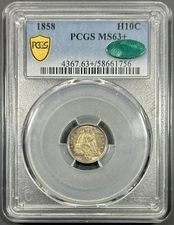 1858 PCGS MS63+ CAC Seated Liberty Half Dime H10c - Choice Toned