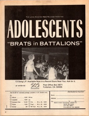 1987   ADOLESCENTS ''Brats in Battalions'' Print Ad   1980s RARE Skateboard EA-19