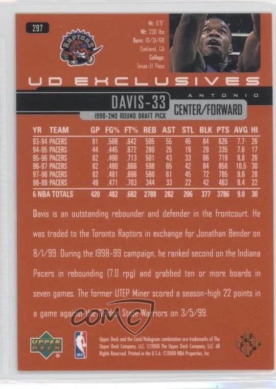 1999-00 Upper Deck UD Exclusives /100 Antonio Davis #297 - Image 2 of 2