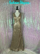 Rene Ruiz Gold Sequined V-Neck Mermaid Cocktail Gown Sz 14 AUTHENTIC NWT