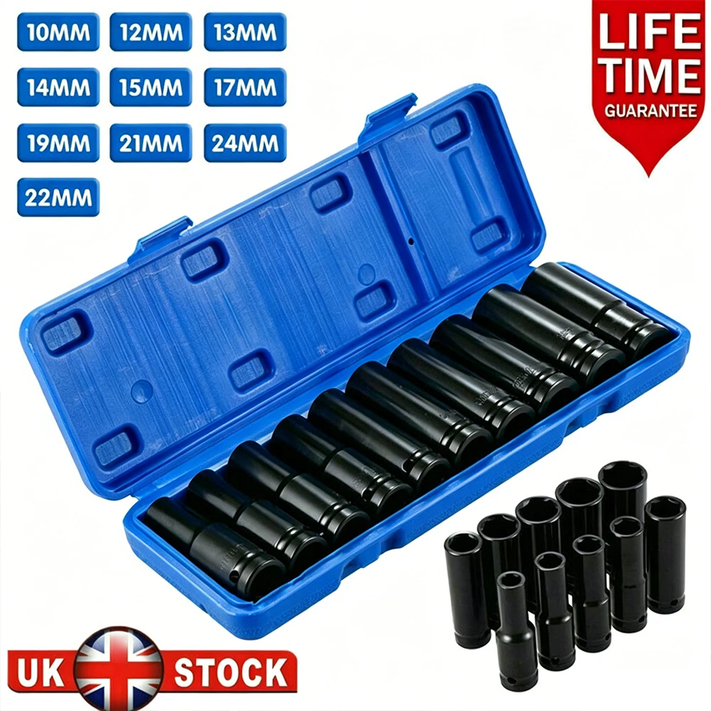 Uxcell 1/2” Drive Socket Accessory Set – 19mm Deep 6-Point Impact Socket (12” Length) + 1/4” Hex Shank Adapter, Chrome Vanadium Steel