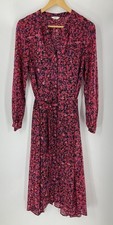 Hush Red Purple & Black Floral Tie Belt V Neck MIDI Shirt Dress Uk 12 Vgc #A2