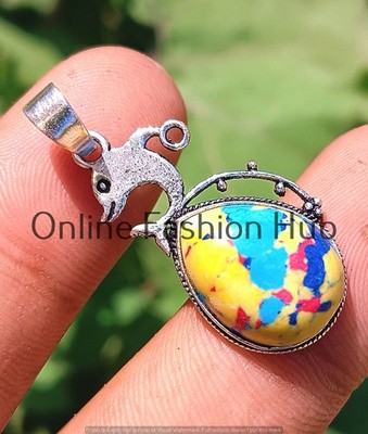 Mosaic Jasper Gemstone 925 Streling Silver Plated Dolphin Pandant Lovely Jewelry