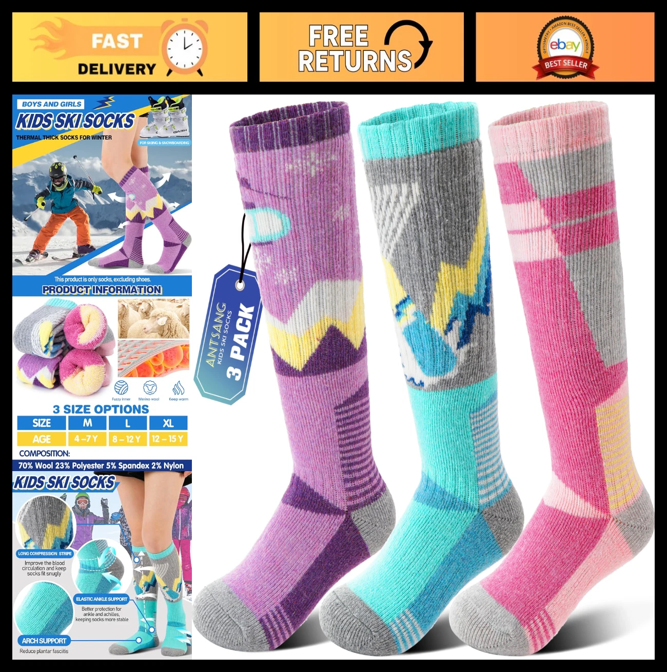 3 Pairs Kids Merino Wool Ski Socks - Thermal Thick Warm Winter Socks for Skiing