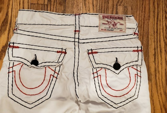 True Religion Women's White Straight Fit Jeans w/ Black/red Stitching, Size 29 | eBay