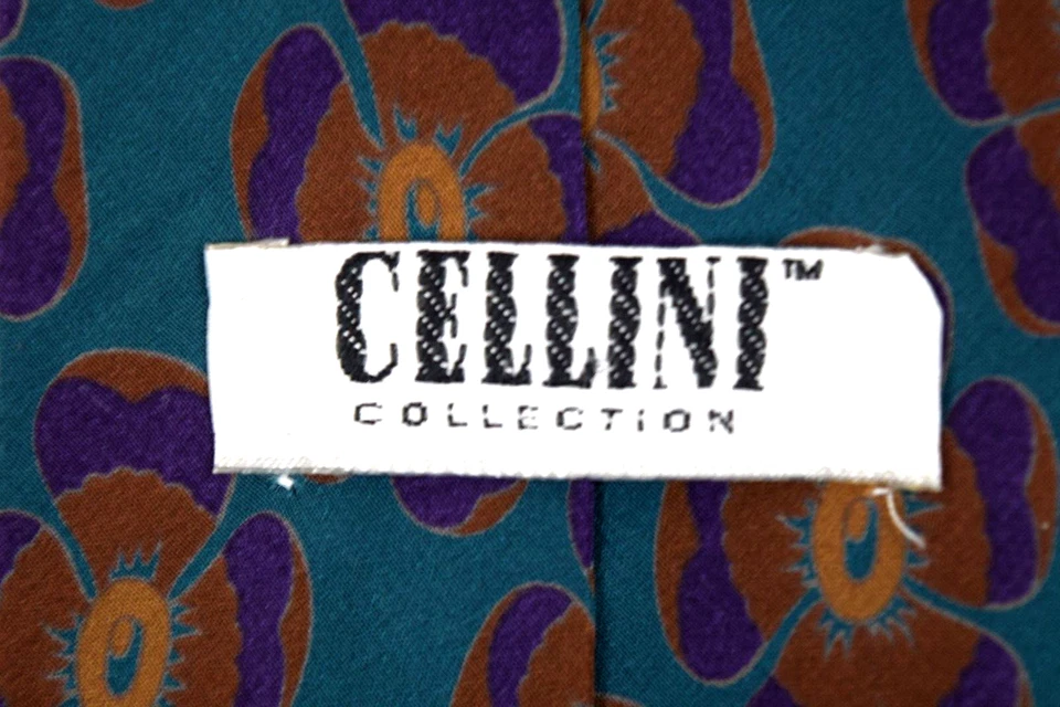 Gravata de pescoço vintage Cellini anos 70 seda azul-petróleo roxo e flores marrons 56" X 3,75" - Imagem 3 de 4